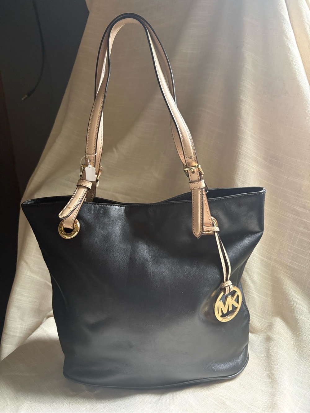 Michael Kors Black Leather Tote with Tan Straps